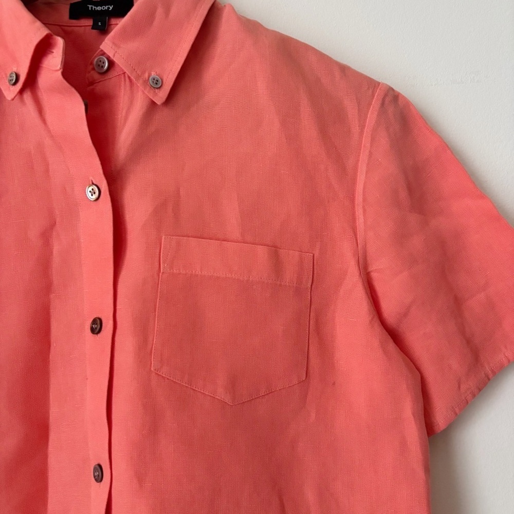 Theory Bright Coral Boxy Linen Button Down Short Sleeve Shirt Small - Picture 3 of 8